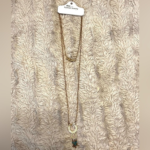 2/$15 - Boho Double Hoop Drop Necklace - Turquoise - Picture 3 of 3